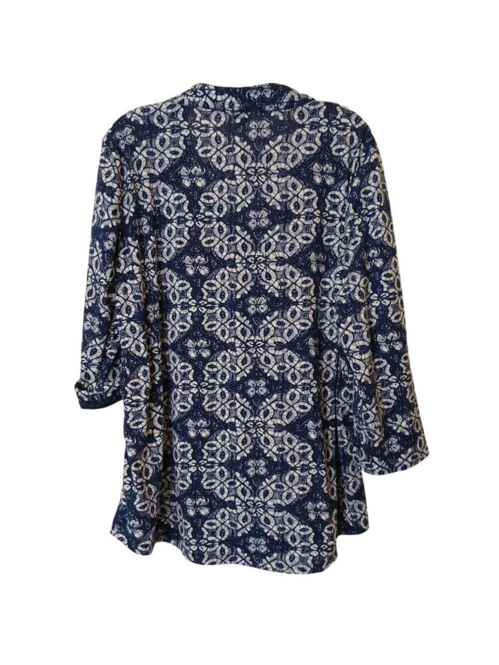 Cathy Womens XL Blue White Patterned Shirt Roll-Tab 3/4 Sleeve 1/4 Button #D-36 - Picture 2 of 10